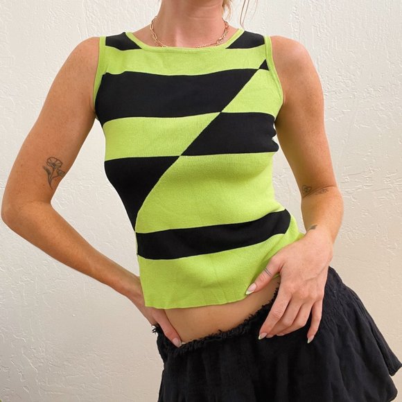 Y2K Lime Green Black Funky Abstract Knit Sleeveless Top - Picture 2 of 8